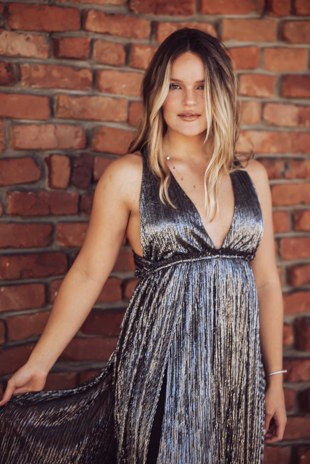 Holiday Plunge Metallic Maxi Dress-Love Stitch-Jayden P Boutique