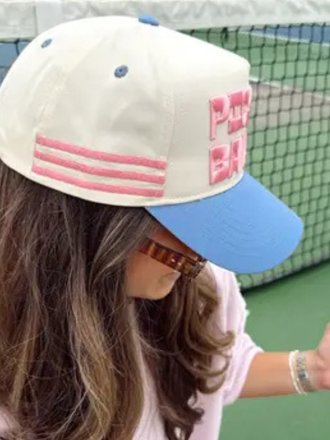 KENZKUSTOMZ Pickleballer Vintage Trucker Hat with pink 3D embroidery reading 'Pickle Baller' and blue brim