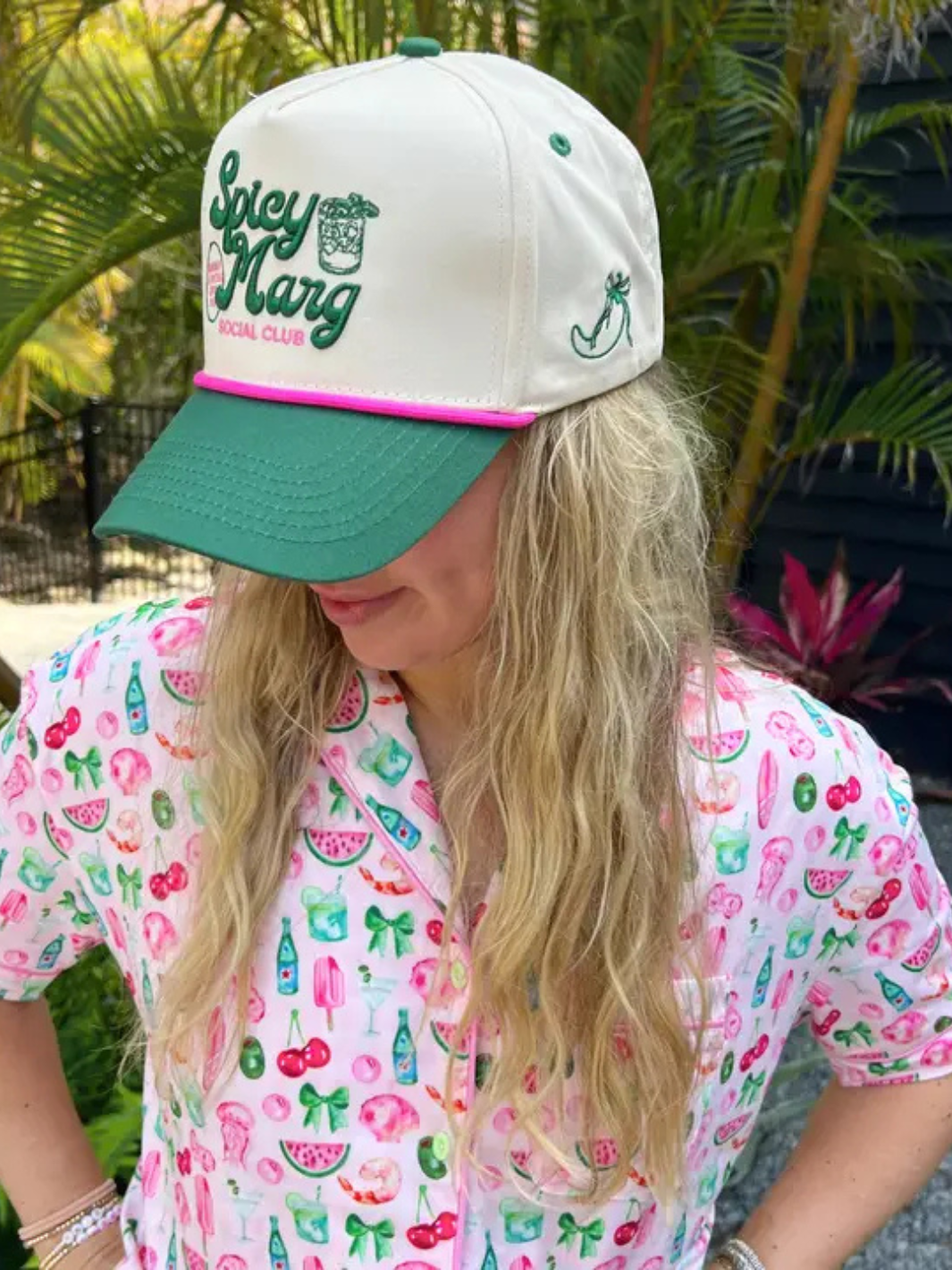 Stylish KENZKUSTOMZ - Spicy Marg Social Club Trucker Hat features green foam and playful pink accents. Perfect for summer vibes!