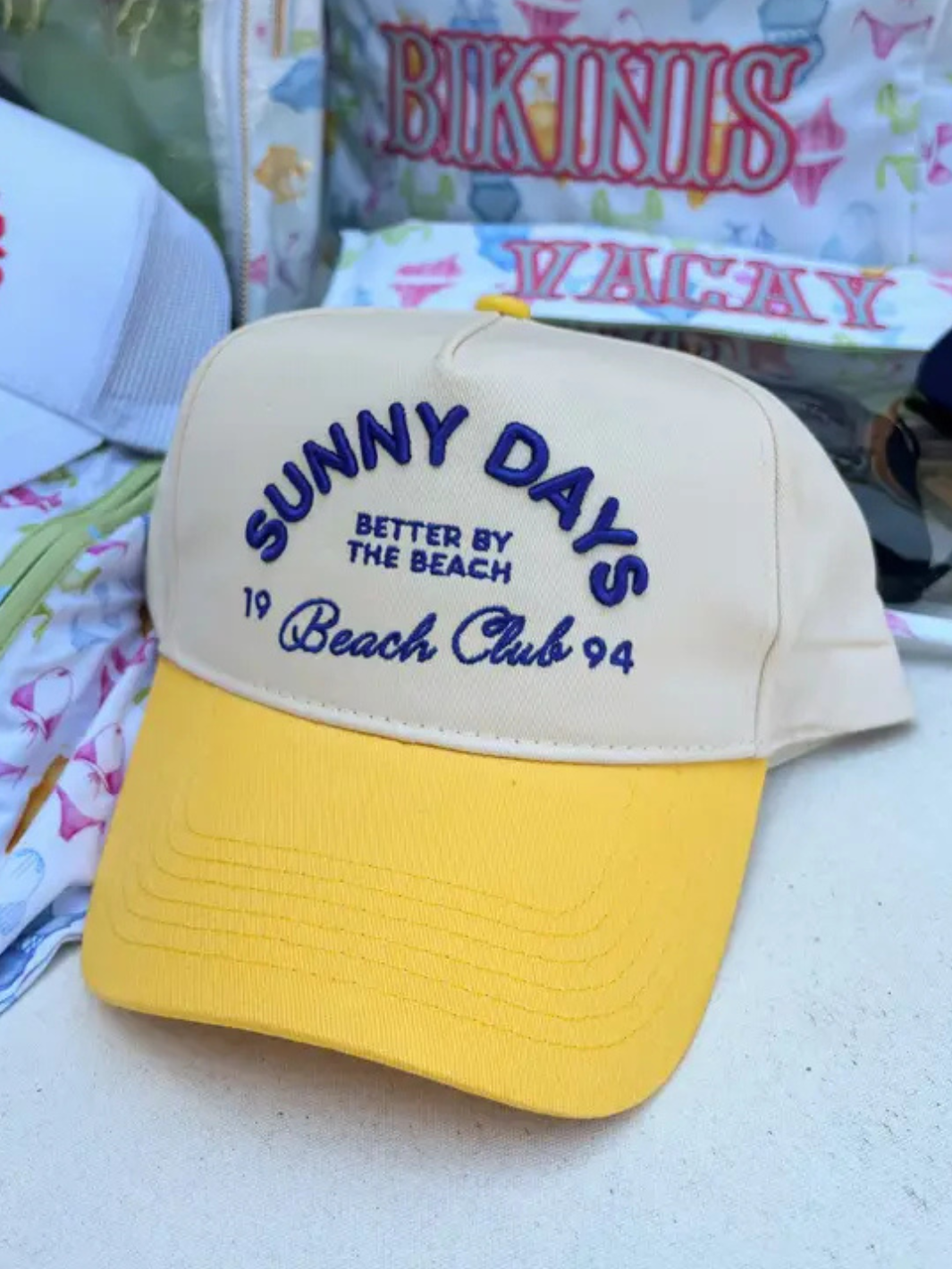 KENZKUSTOMZ - Sunny Days Yellow Vintage Trucker Hat features a cream crown and bold yellow brim, perfect for sunny days.