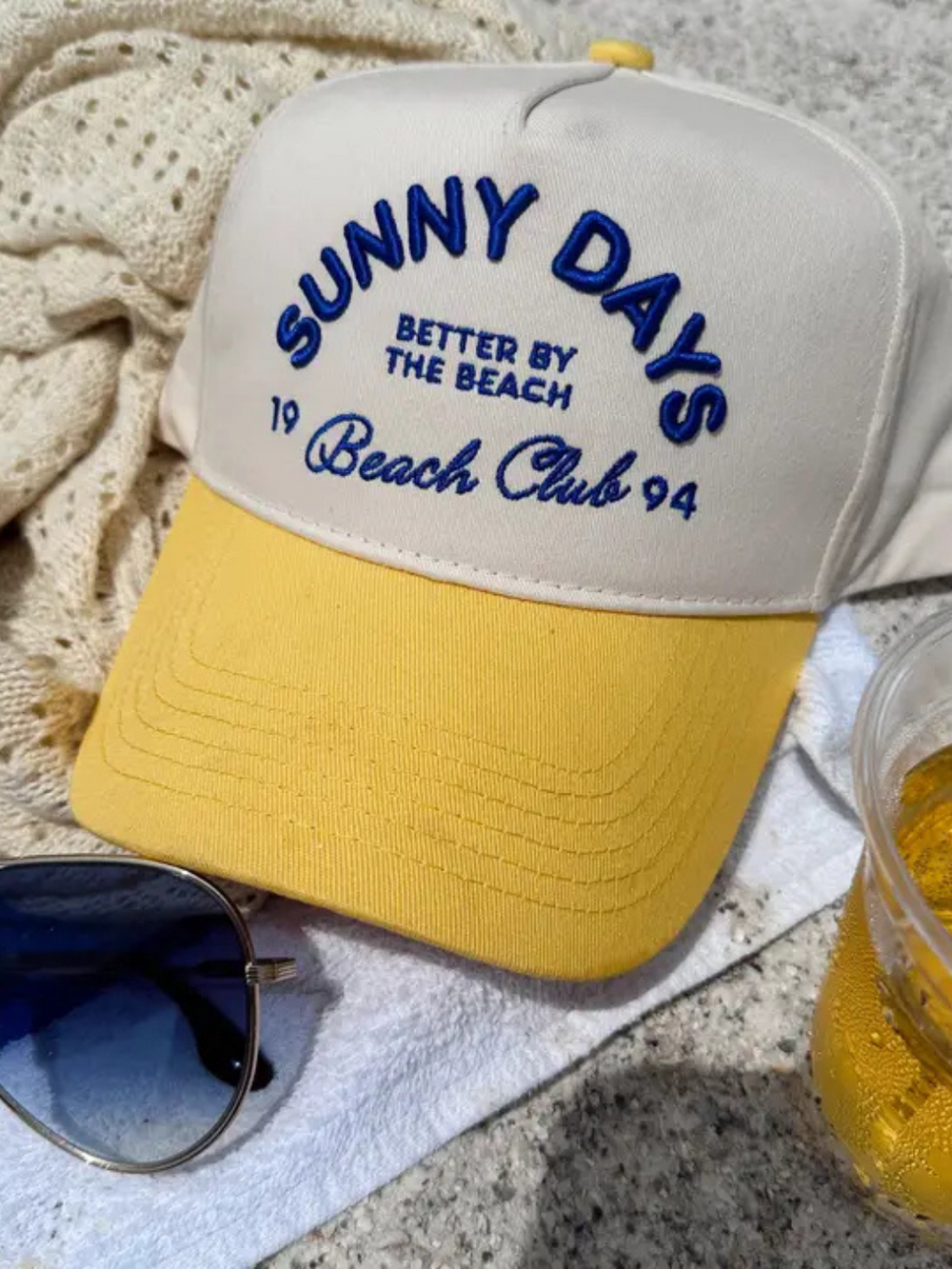 KENZKUSTOMZ - Sunny Days Yellow Vintage Trucker Hat features a cream crown and bright yellow brim, perfect for sunny outings.