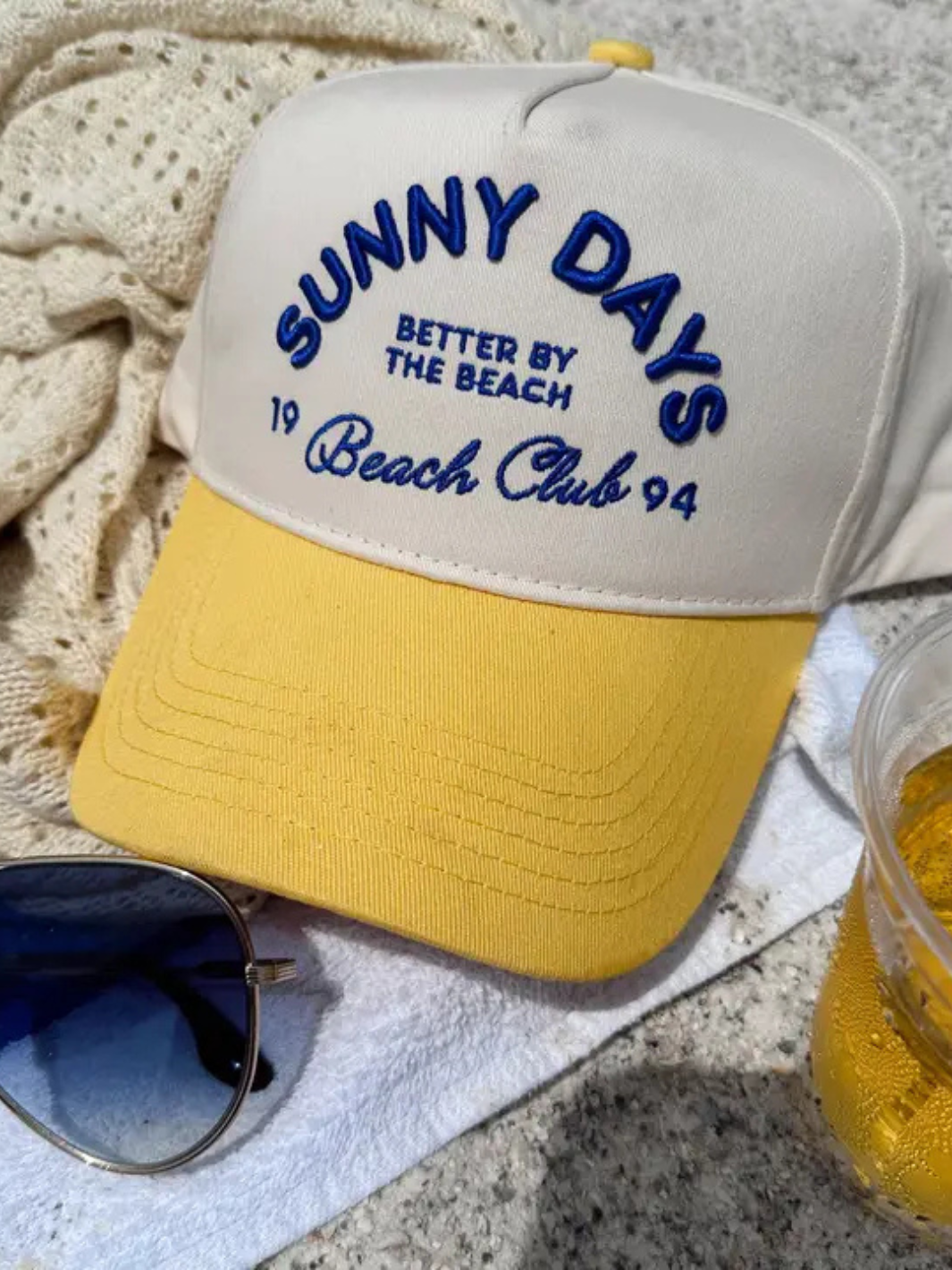 KENZKUSTOMZ - Sunny Days Yellow Vintage Trucker Hat features a cream crown and bright yellow brim, perfect for sunny outings.