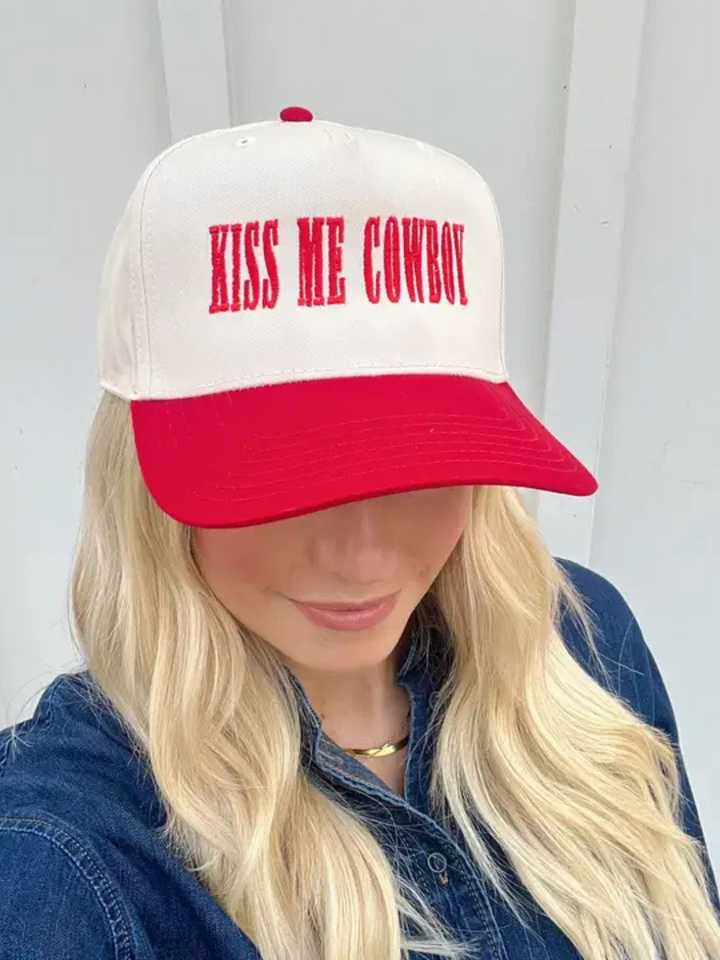 Stylish Kiss Me Cowboy Baseball Hat in red and natural, perfect for making a bold statement. Ideal for cowgirls!