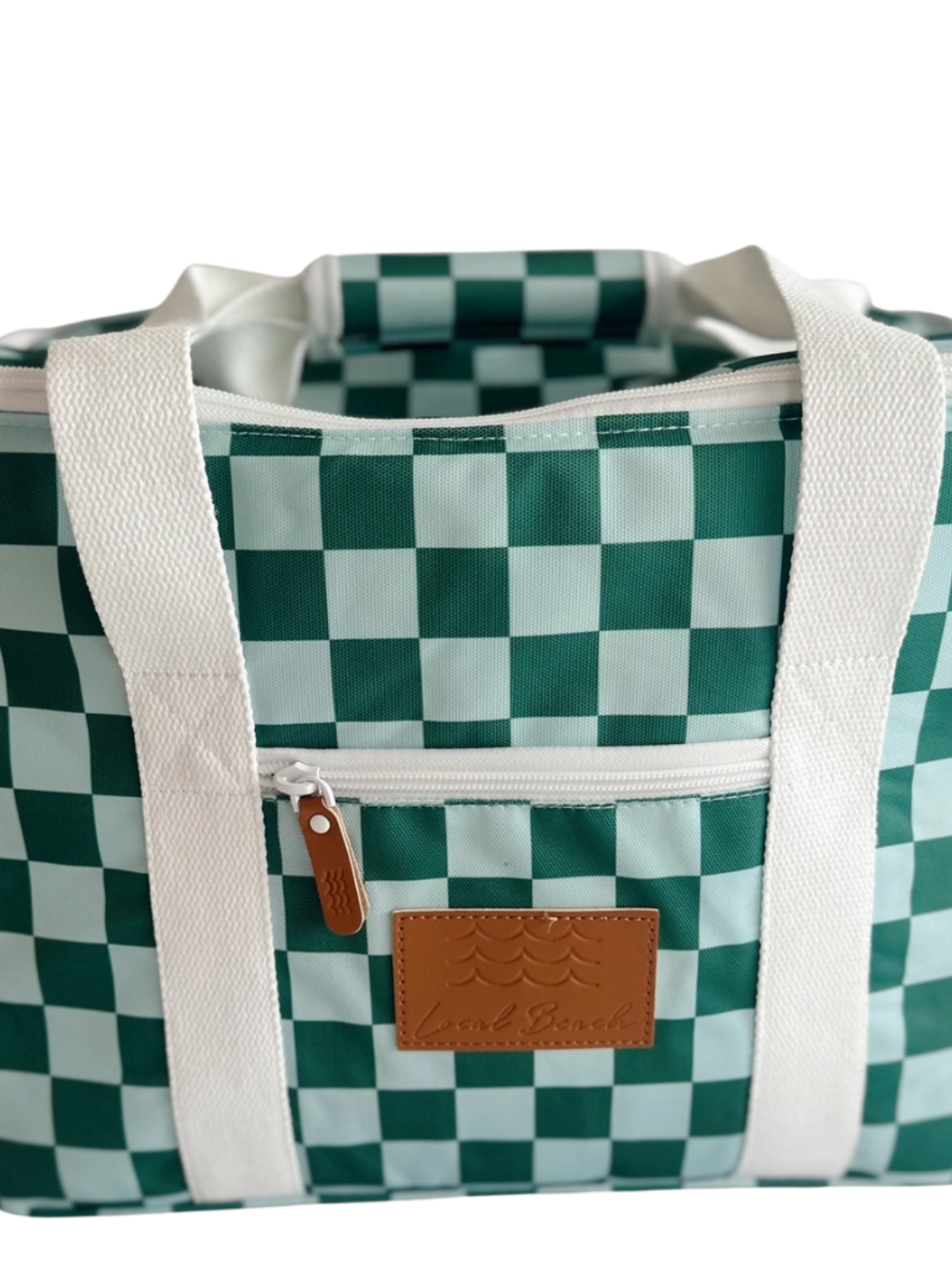 Local Beach Packable Canvas Cooler Bag with green-and-white checker pattern, white straps, and front leather patch.