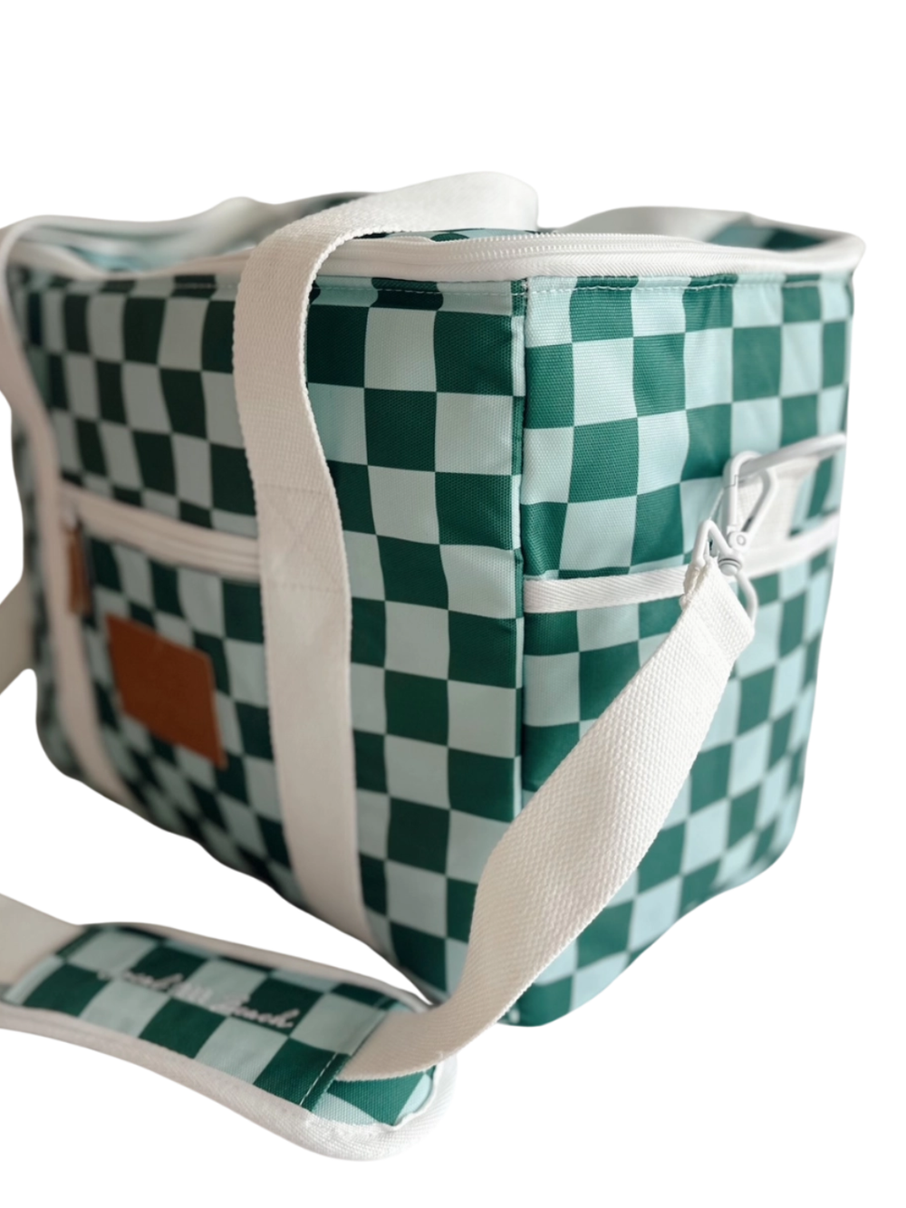Local Beach Packable Canvas Cooler Bag with green and white checker pattern and white shoulder strap.