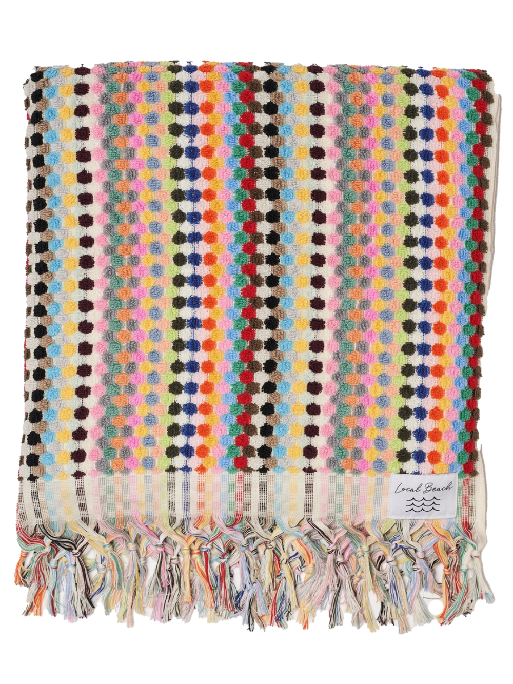 Local Beach Riviera Towel: vibrant multicolor crochet-style beach towel with fringe.