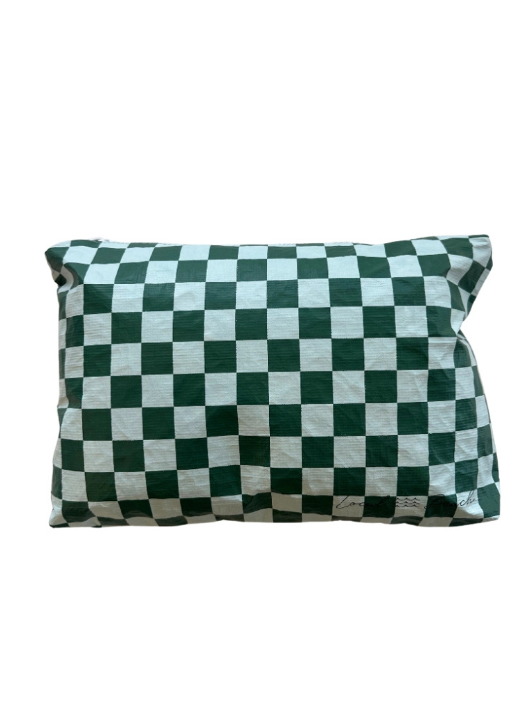Local Beach Everyday Pouch in green-and-white checker pattern, lightweight, water-resistant beach organizer.