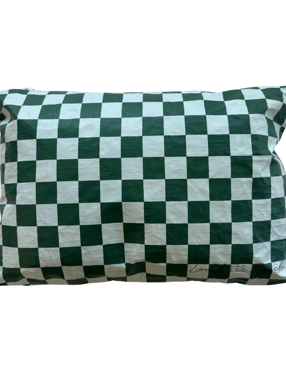 Local Beach Everyday Pouch in green-and-white checker, water-resistant and lightweight beach organizer.