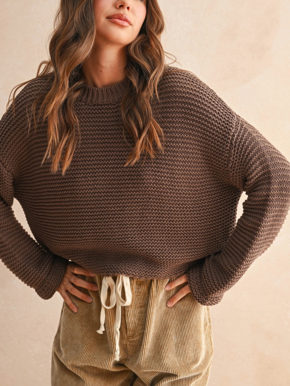 Brown Laid-Back Luxe Chunky Knit Top with cozy texture, relaxed oversized fit, and round neckline.