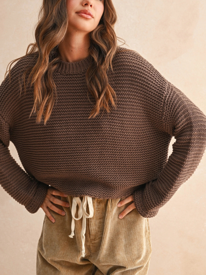 Brown Laid-Back Luxe Chunky Knit Top with cozy texture, relaxed oversized fit, and round neckline.