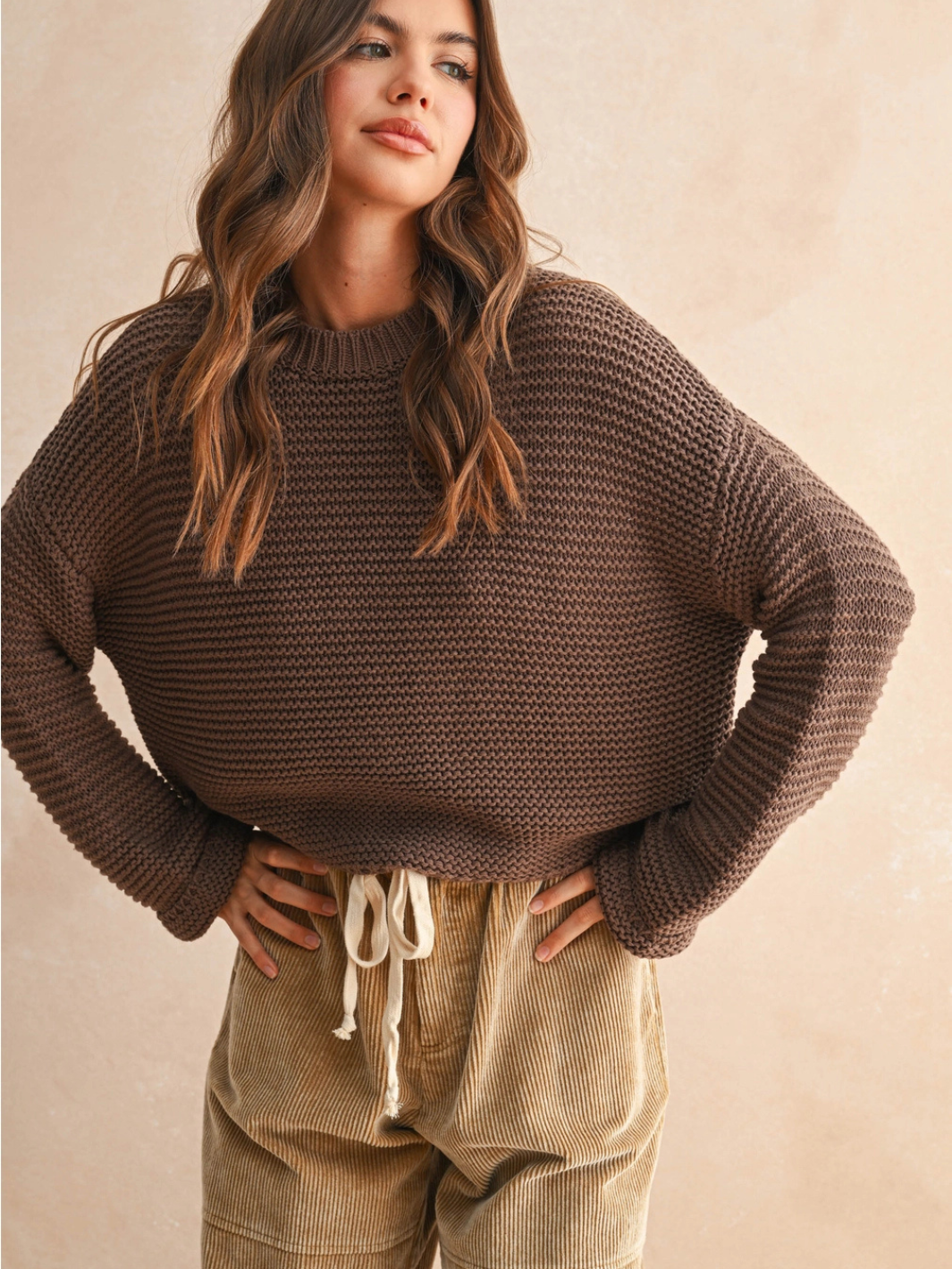 Laid-Back Luxe Chunky Knit Top in brown with a relaxed oversized fit and round neckline on a model.
