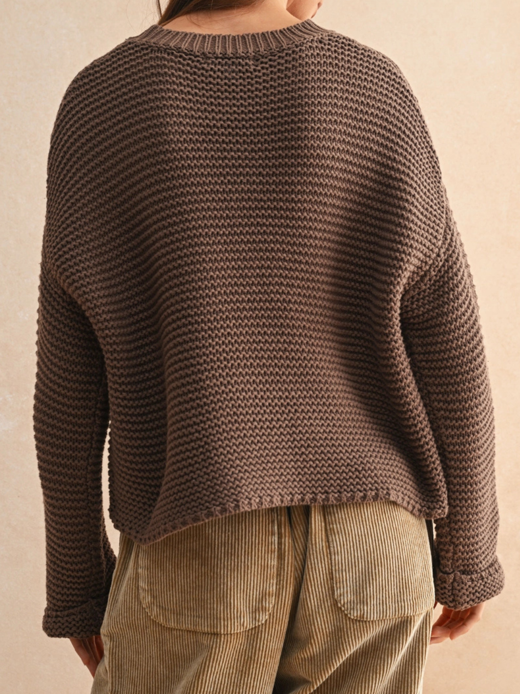 Laid-Back Luxe Chunky Knit Top in brown, oversized relaxed fit with round neckline, back view.