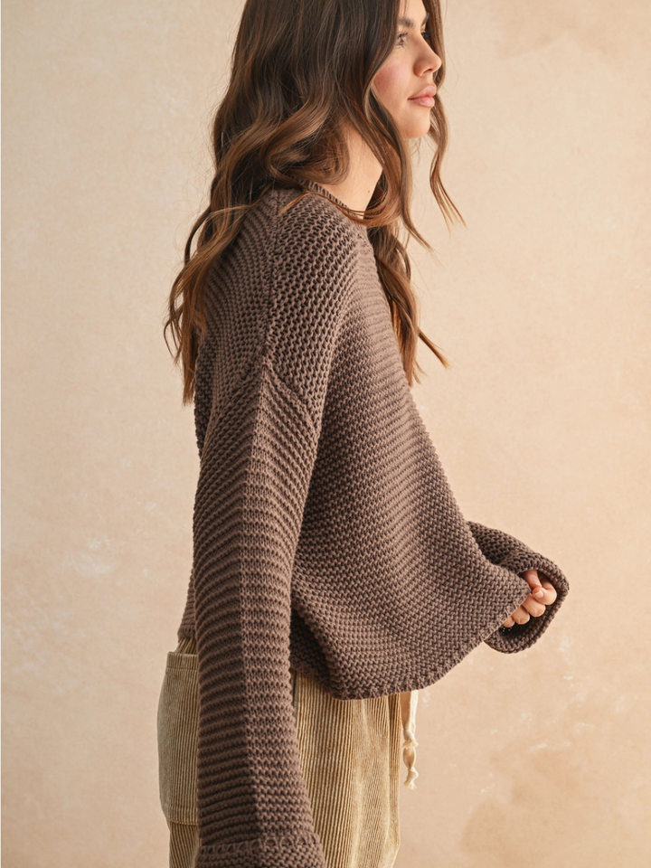 Laid-Back Luxe Chunky Knit Top in warm brown with relaxed oversized fit and round neckline, worn by a model.