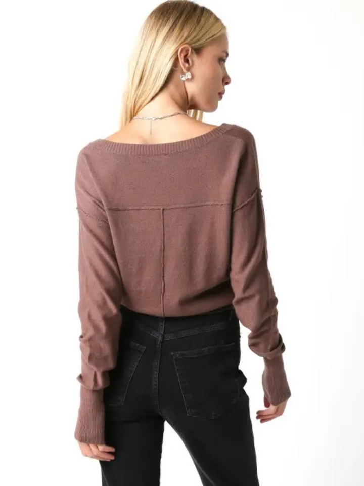 Loren lightweight V-neck knit sweater in dusty mauve, back view showing seam detail and long sleeves.