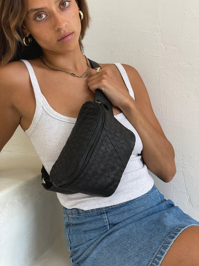 MANDRN REMY WOVEN LEATHER FANNY PACK - BLACK-MANDRN-Jayden P Boutique