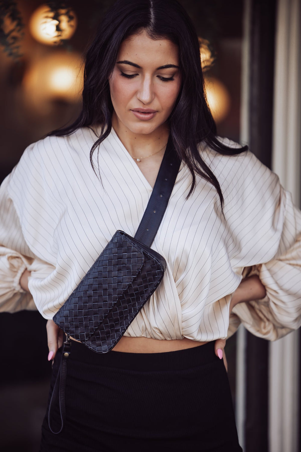 MANDRN ZIGGY WOVEN LEATHER FANNY PACK - BLACK-MANDRN-Jayden P Boutique