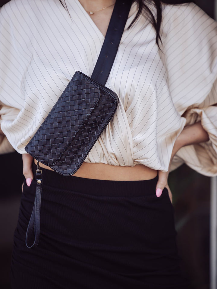 MANDRN ZIGGY WOVEN LEATHER FANNY PACK - BLACK-MANDRN-Jayden P Boutique