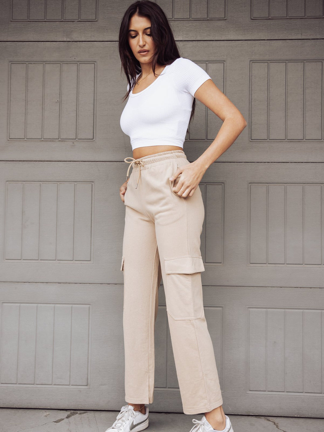 MAYA WIDE LEG CARGO SWEATS - TAN