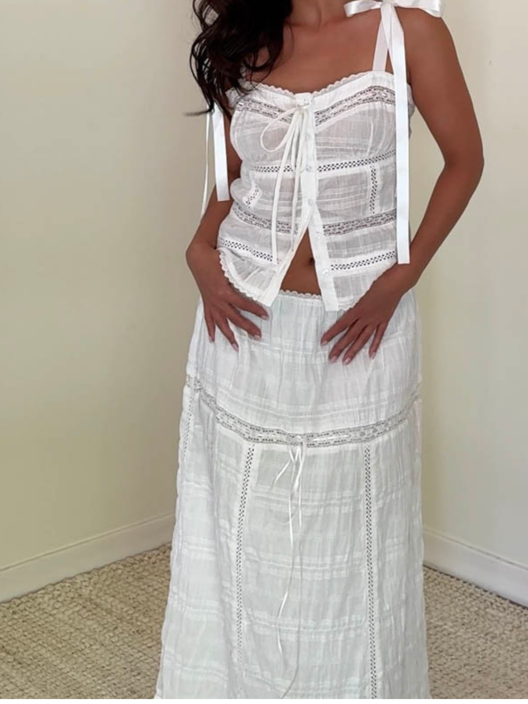 Stylish Meadow Muse Sweetheart Tie-Strap Top features ribbon ties and a button-down design, perfect for summer outings.