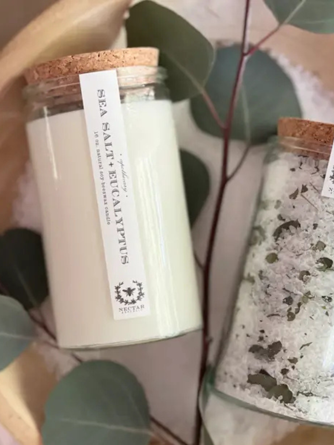 NECTAR REPUBLIC Sea Salt + Eucalyptus 16oz candle in glass jar with cork lid.