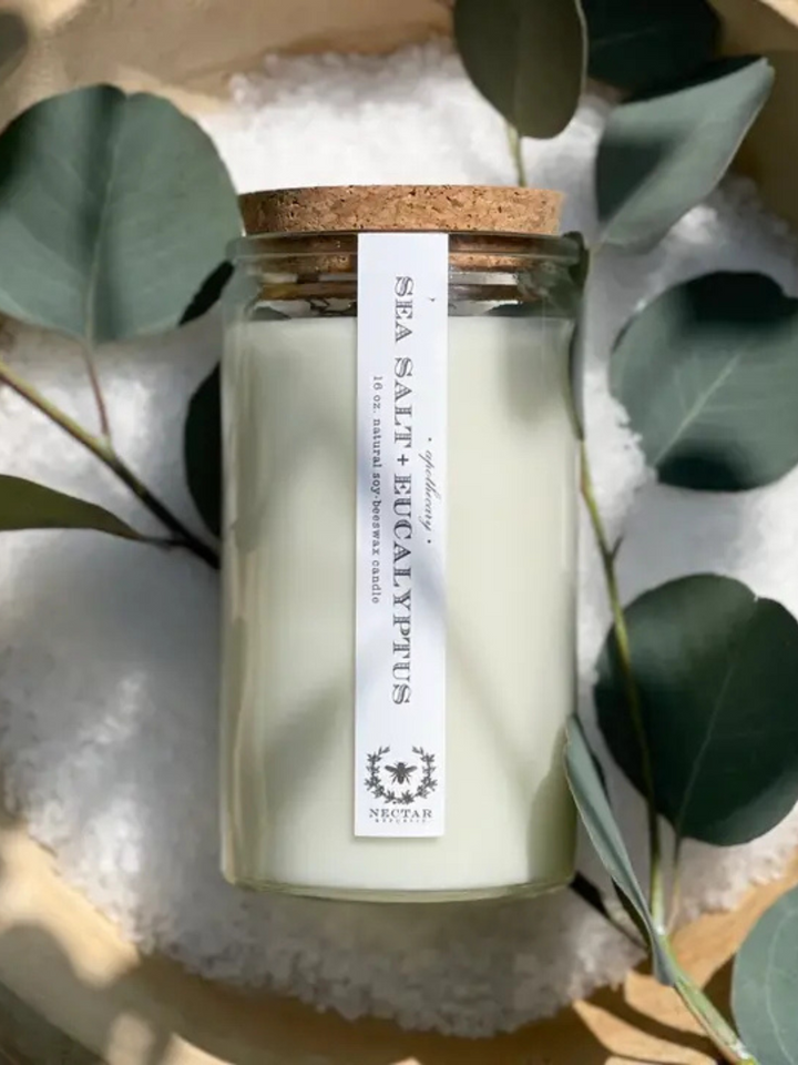 NECTAR REPUBLIC 16oz Sea Salt + Eucalyptus candle in glass jar with cork lid and white label.