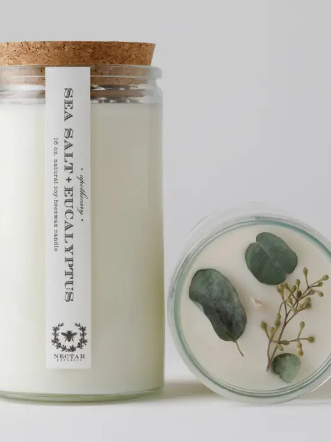 Nectar Republic 16oz Sea Salt + Eucalyptus candle in a glass jar with cork lid.