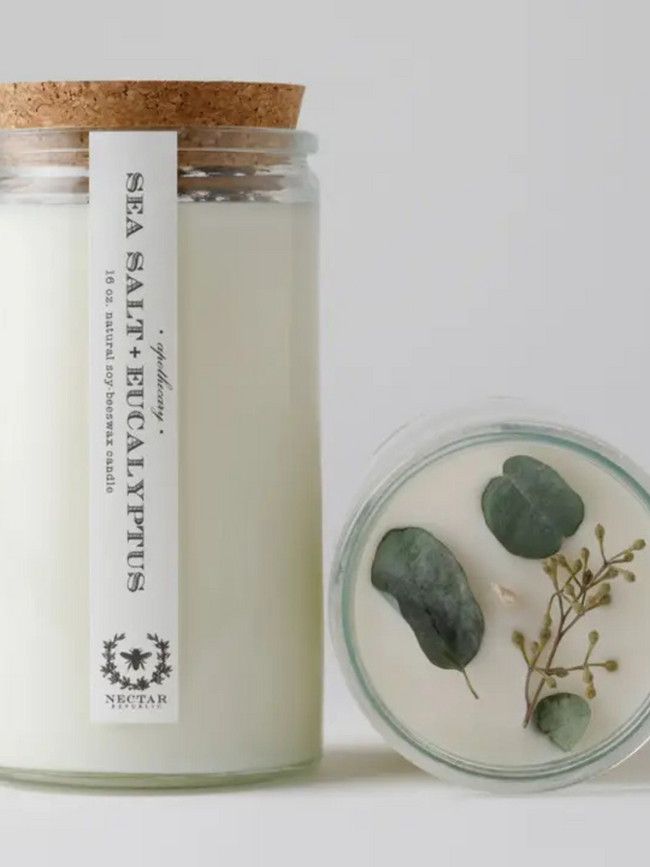 Nectar Republic 16oz Sea Salt + Eucalyptus candle in a glass jar with cork lid.