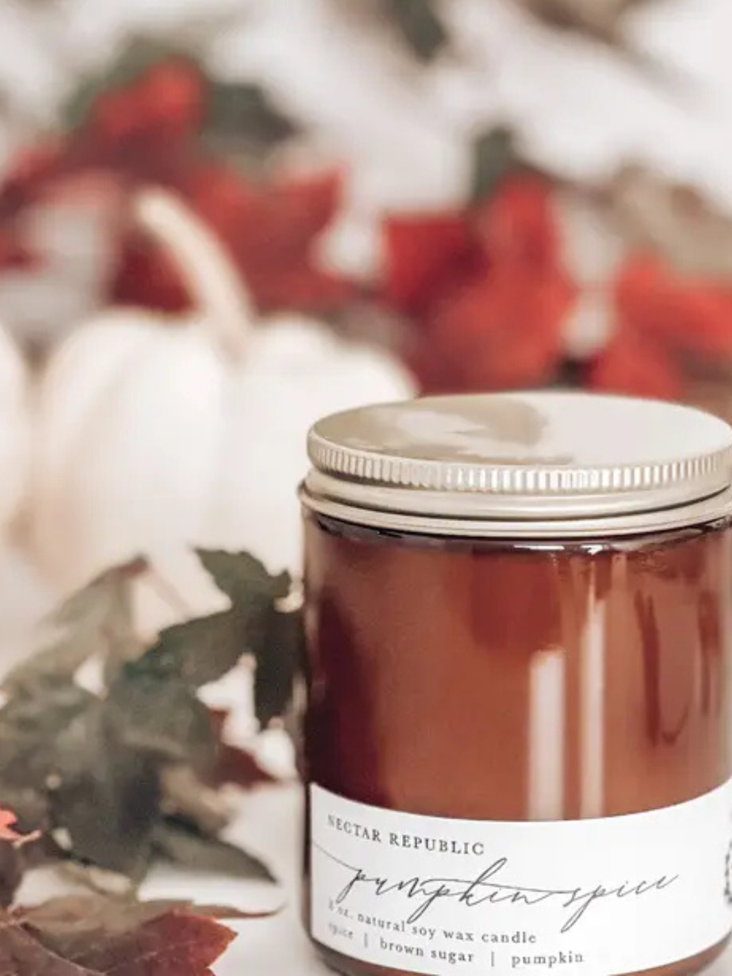 Amber jar soy candle 8 oz in Pumpkin Spice, with silver lid and Nectar Republic label.
