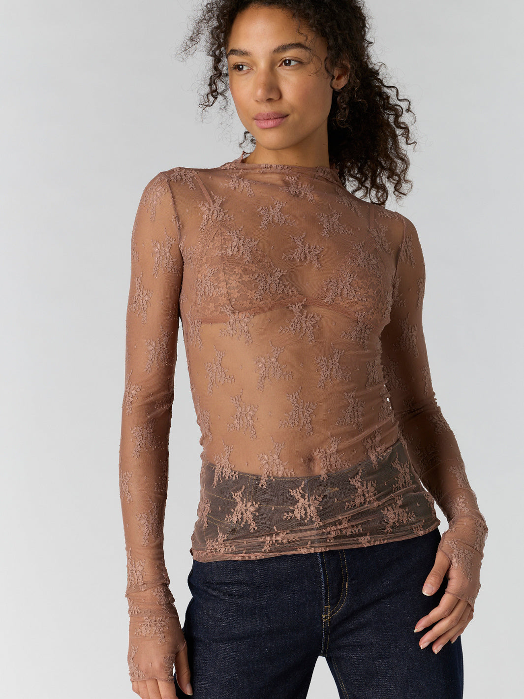Free People Lady Lux Layering Top in Chocolate Malt — front view of brown sheer floral mesh mock neck top | Jayden P Boutique