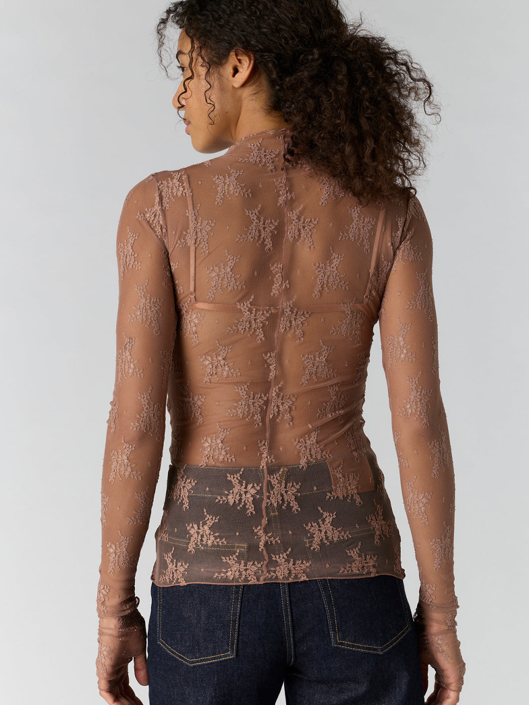 Free People Lady Lux Layering Top in Chocolate Malt — back view of floral embroidered mesh | Jayden P Boutique