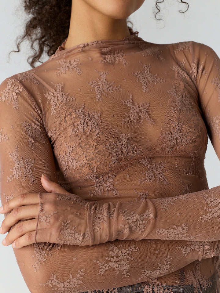 Free People Lady Lux Layering Top in Chocolate Malt — close-up of floral lace and thumbhole sleeves | Jayden P Boutique