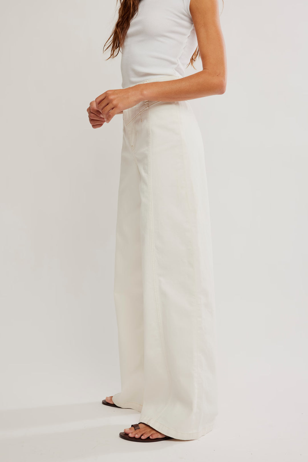 Free People Libre Wide-Leg Jeans in white, high-rise with seamed panels on model