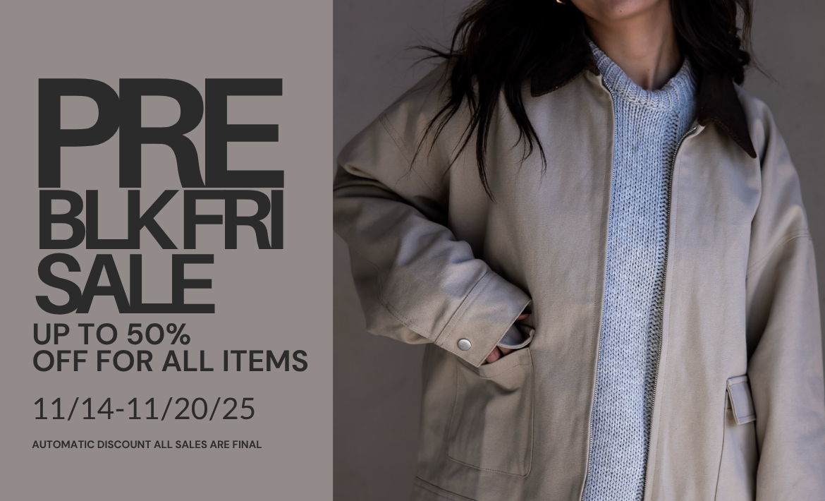 Person wearing a beige jacket with promotional text for a pre-Black Friday sale on a gray background