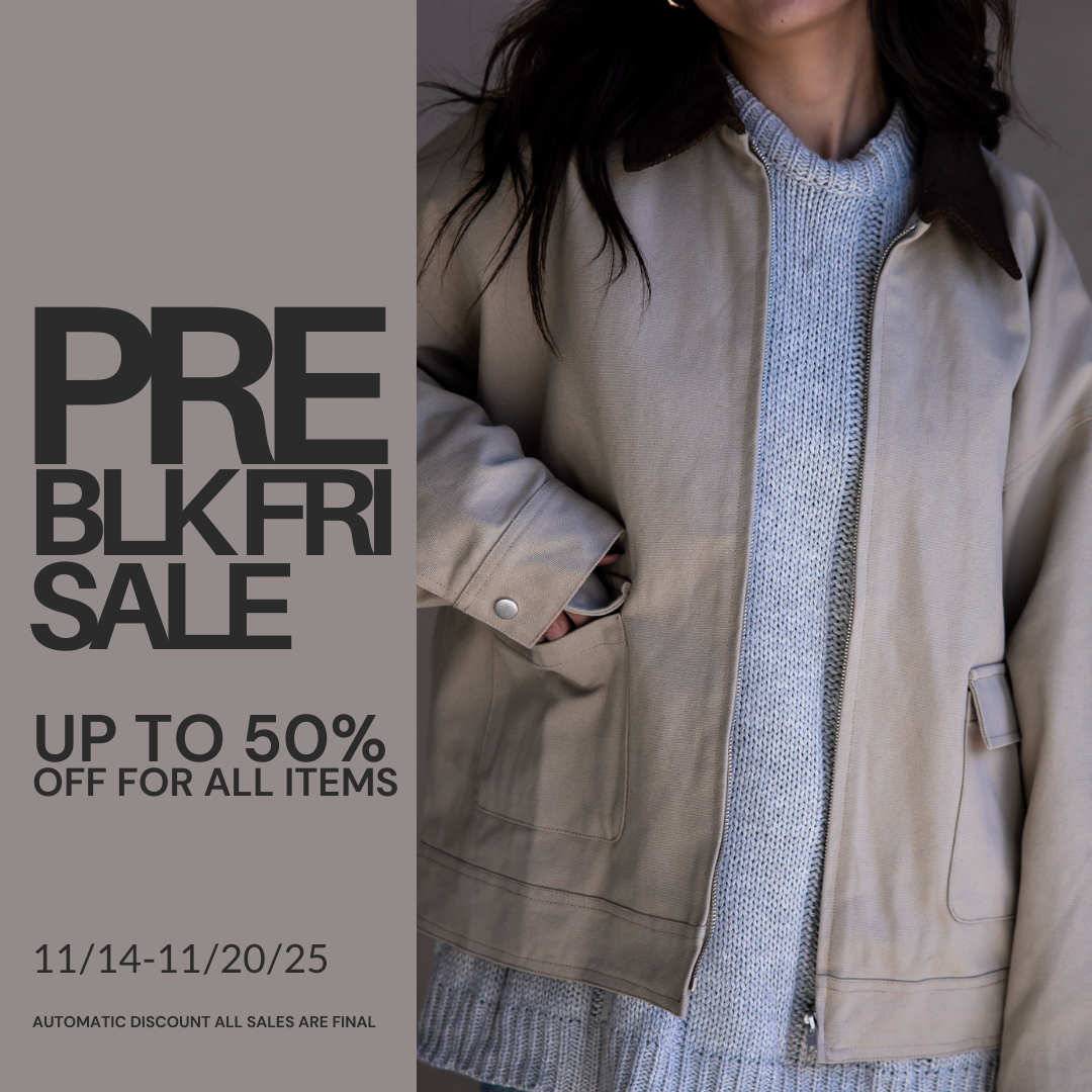 Person wearing a beige jacket with promotional text for a Pre Black Friday sale on a gray background