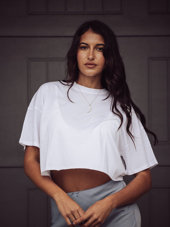 RUBY OVERSIZED RAW EDGE CROPPED TEE - WHITE