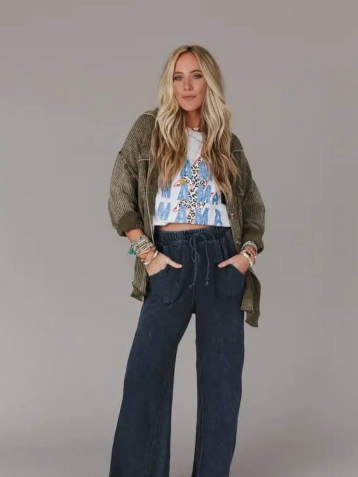 Relaxing Robin Wide Leg Pant: boho-lounge wide-leg pants with drawstring waist and visible seams on a model.