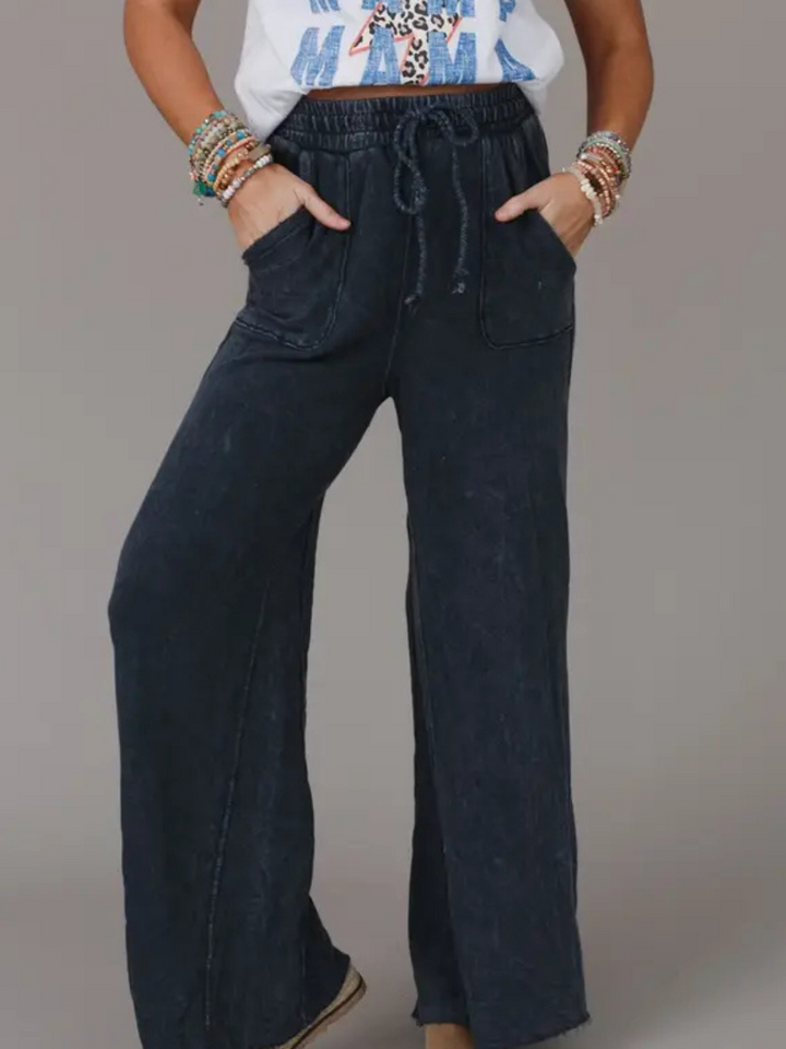 Relaxing Robin Wide Leg Pant: dark boho French terry, drawstring waist, visible seams, raw-edge hems.