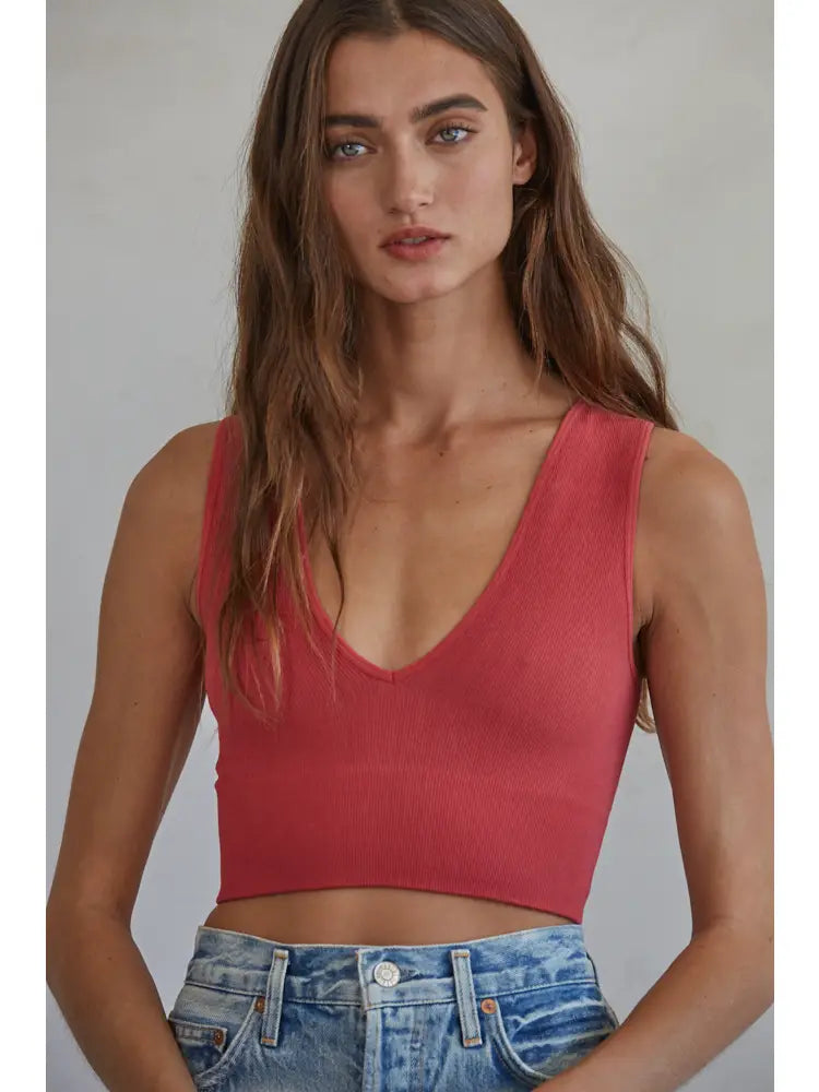 Jayden P Boutique - SEAMLESS FINELY RIBBED PLUNGED NECK CROP TOP - SMALL/MEDIUM / BEET