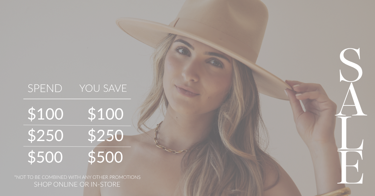 Woman wearing a beige hat with a sale promotion text overlay on a light gray background