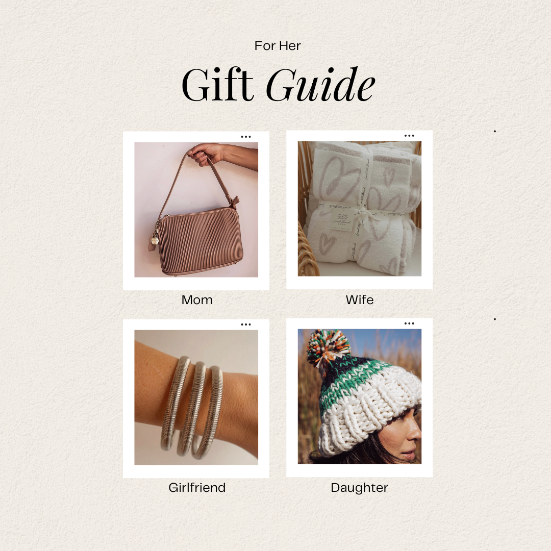 Gift guide for women with images of a handbag, gift box, bracelets, and a hat.