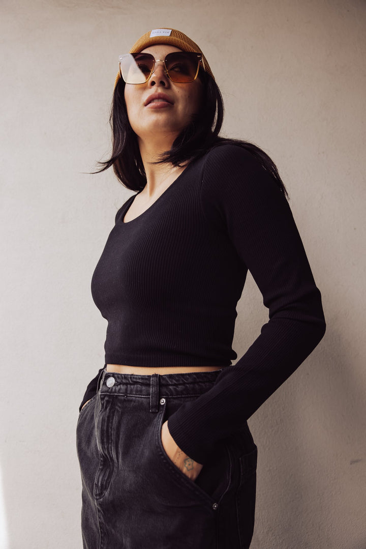 Solange Long Sleeve Crop Top - Black