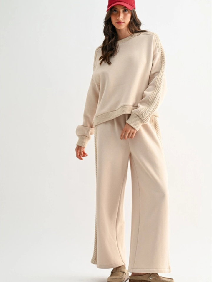 Aria Cable Knit Wide Leg Pant lounge set in beige with oversized sweater.
