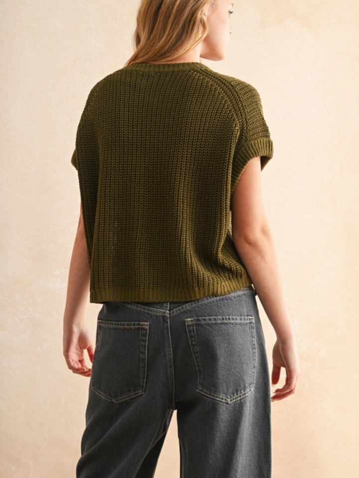 The Capsule Knit Sleeveless Sweater Top in olive knit; relaxed boxy fit, laid-back luxe.
