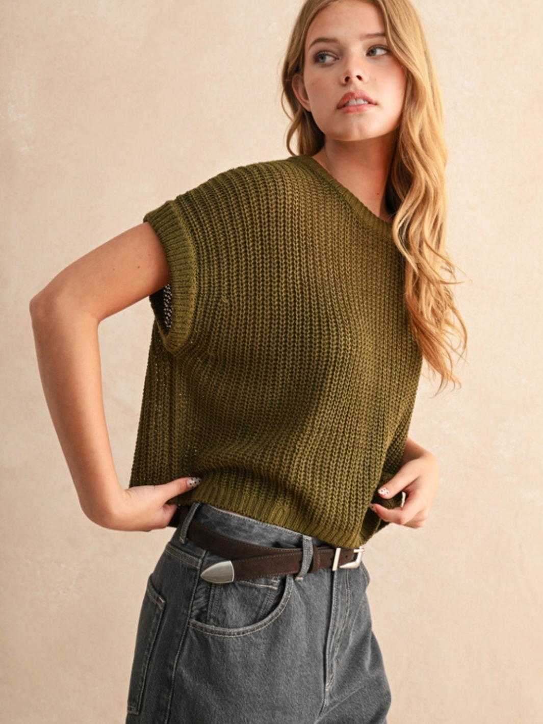 The Capsule Knit Sleeveless Sweater Top in olive knit, Laid-Back Luxe capsule essential for everyday style.