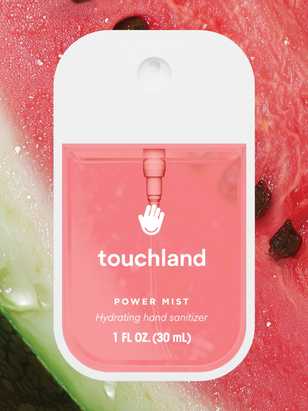 Touchland Power Mist Hydrating Hand Sanitizer in a pink pouch mounted on a white display card.