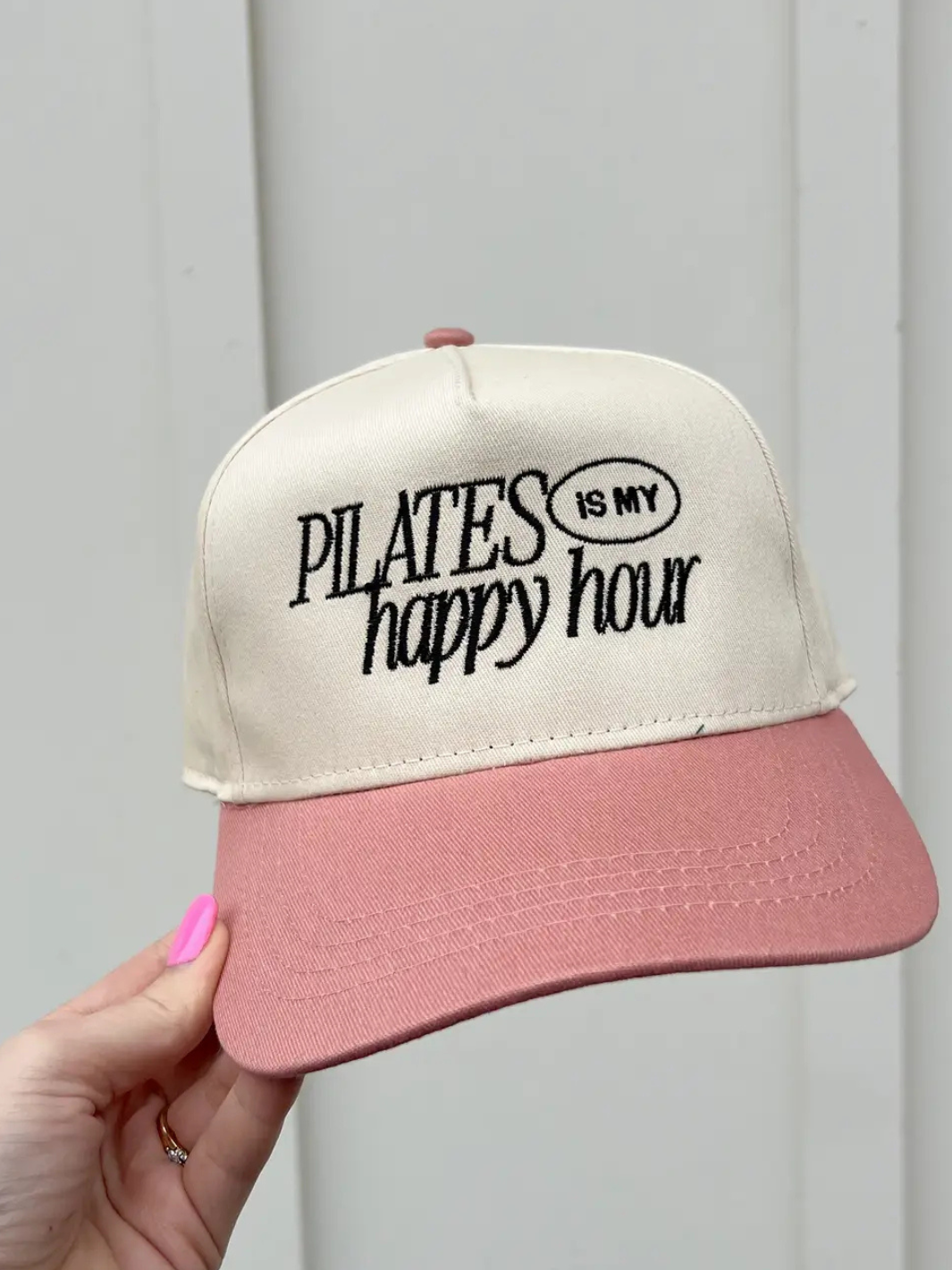 Chic Pilates Is My Happy Hour Trucker Hat, perfect for Pilates lovers to showcase their passion stylishly.