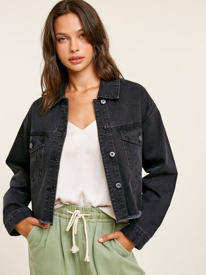 YOUNG AND FREE DISTRESSED HEM DENIM JACKET - BLACK-Wishlist-Jayden P Boutique