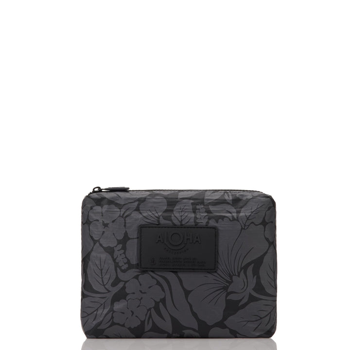 Black Heipua Small Pouch with a tonal charcoal hibiscus and leaf print, front view with the ALOHA patch