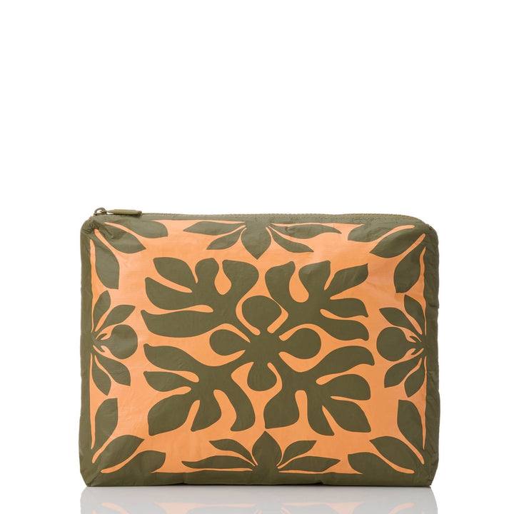 Olive-green Kaulu Mid Pouch with a quilt-style breadfruit leaf print on a papaya-orange ground, front view