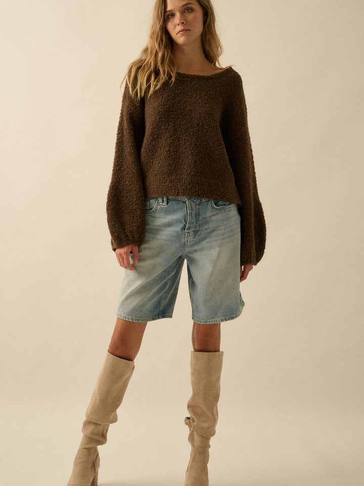 Blossom Bubble-Sleeve Knit Sweater in Chocolate | Jayden P Boutique